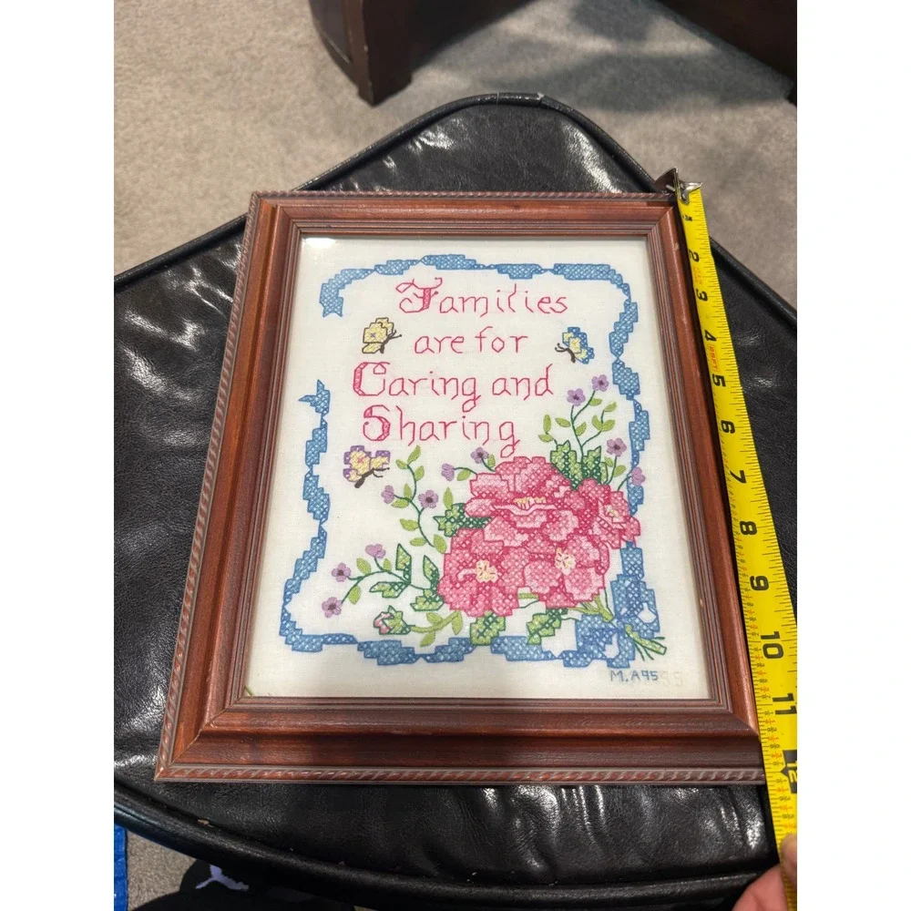 Framed Cross Stitch Family Quote Art Families are for Caring Sharing Butterflies